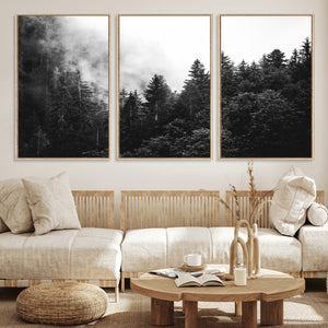 Black White Forest Wall Art Canvas Print, Misty Pine Tree