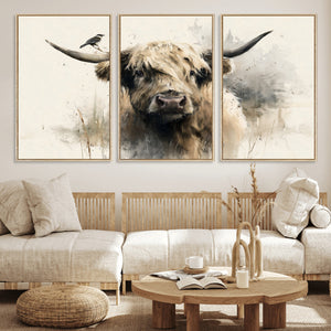 Abstract Highland Cow Wall Art Canvas Print, Rustic Farm
