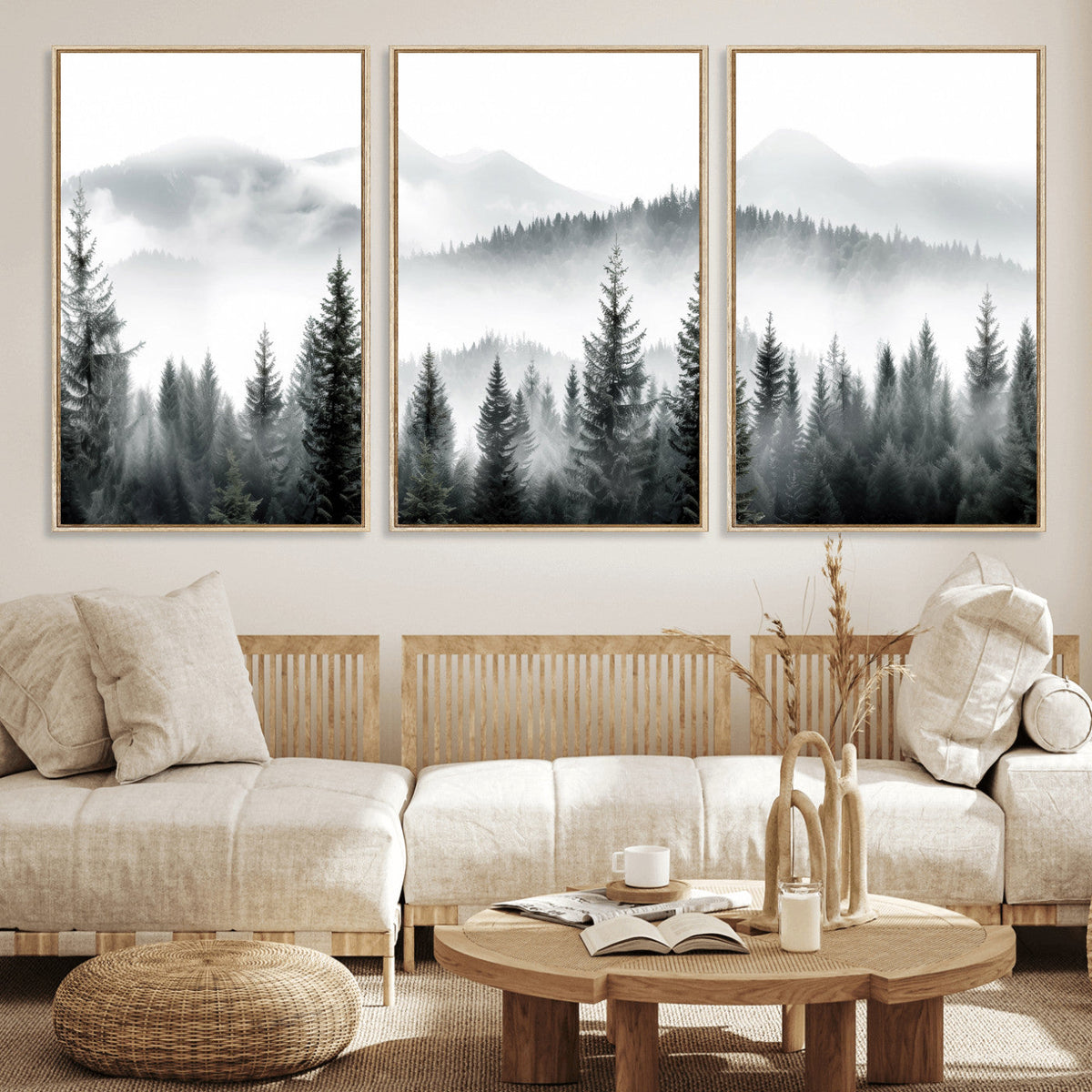 Misty Pine Forest Mountain Landscape Wall Art Canvas Print
