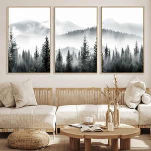 Misty Pine Forest Mountain Landscape Wall Art Canvas Print