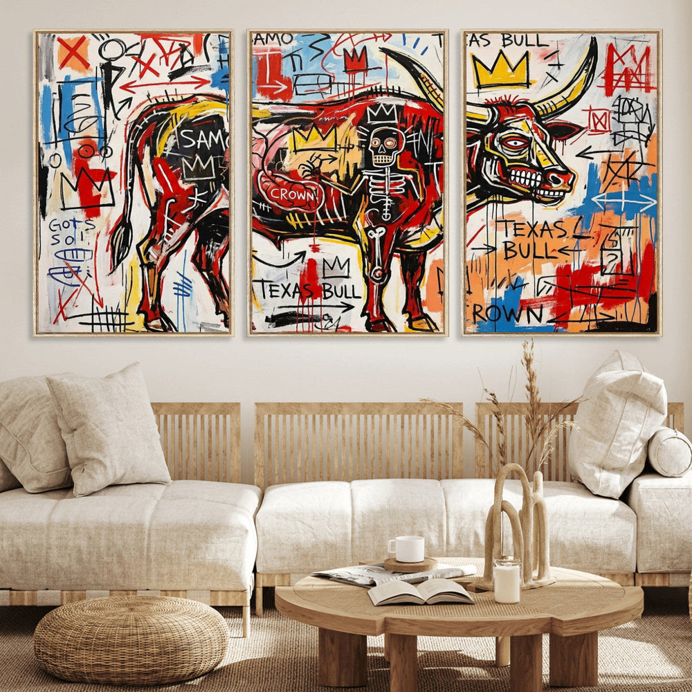 Texas Bull Wall Art Canvas Print, Abstract Graffiti Bull
