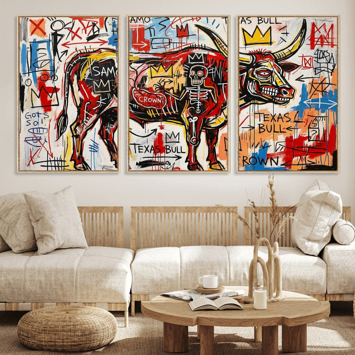 Texas Bull Wall Art Canvas Print, Abstract Graffiti Bull
