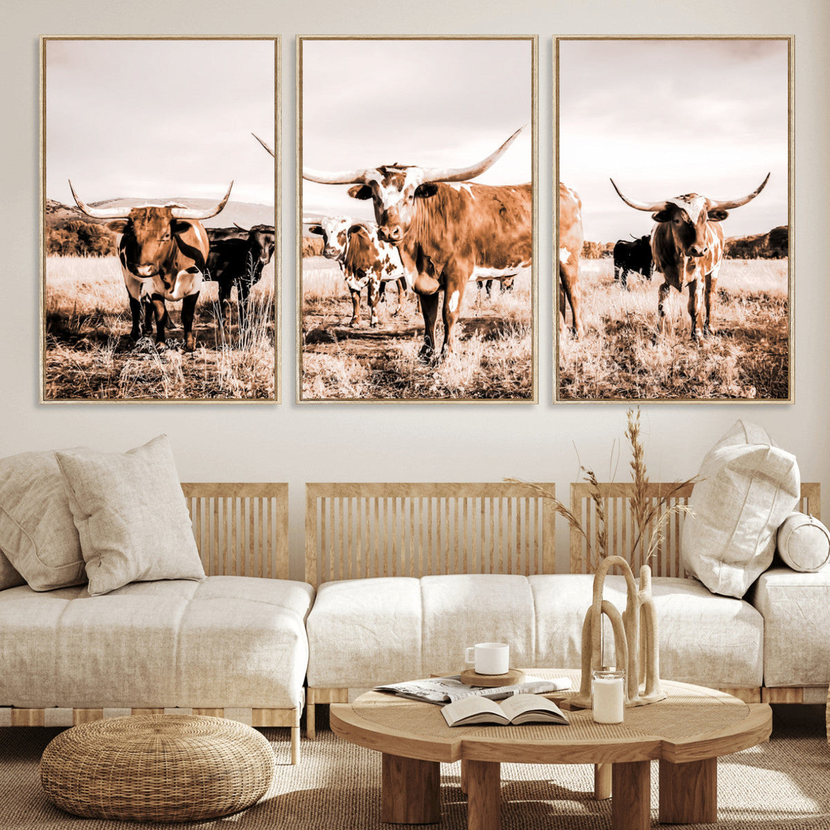 Texas Longhorn Cattle Wall Art Canvas Print, Sepia Western