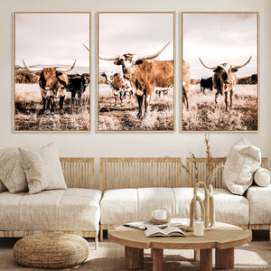 Texas Longhorn Cattle Wall Art Canvas Print, Sepia Western