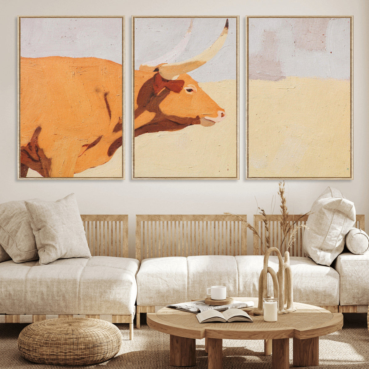 Minimal Longhorn Bull Wall Art Canvas Print, Neutral Western