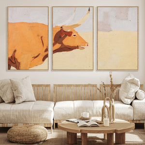 Minimal Longhorn Bull Wall Art Canvas Print, Neutral Western
