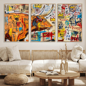 Basquiat Style Bull Graffiti Wall Art Canvas Print, Street