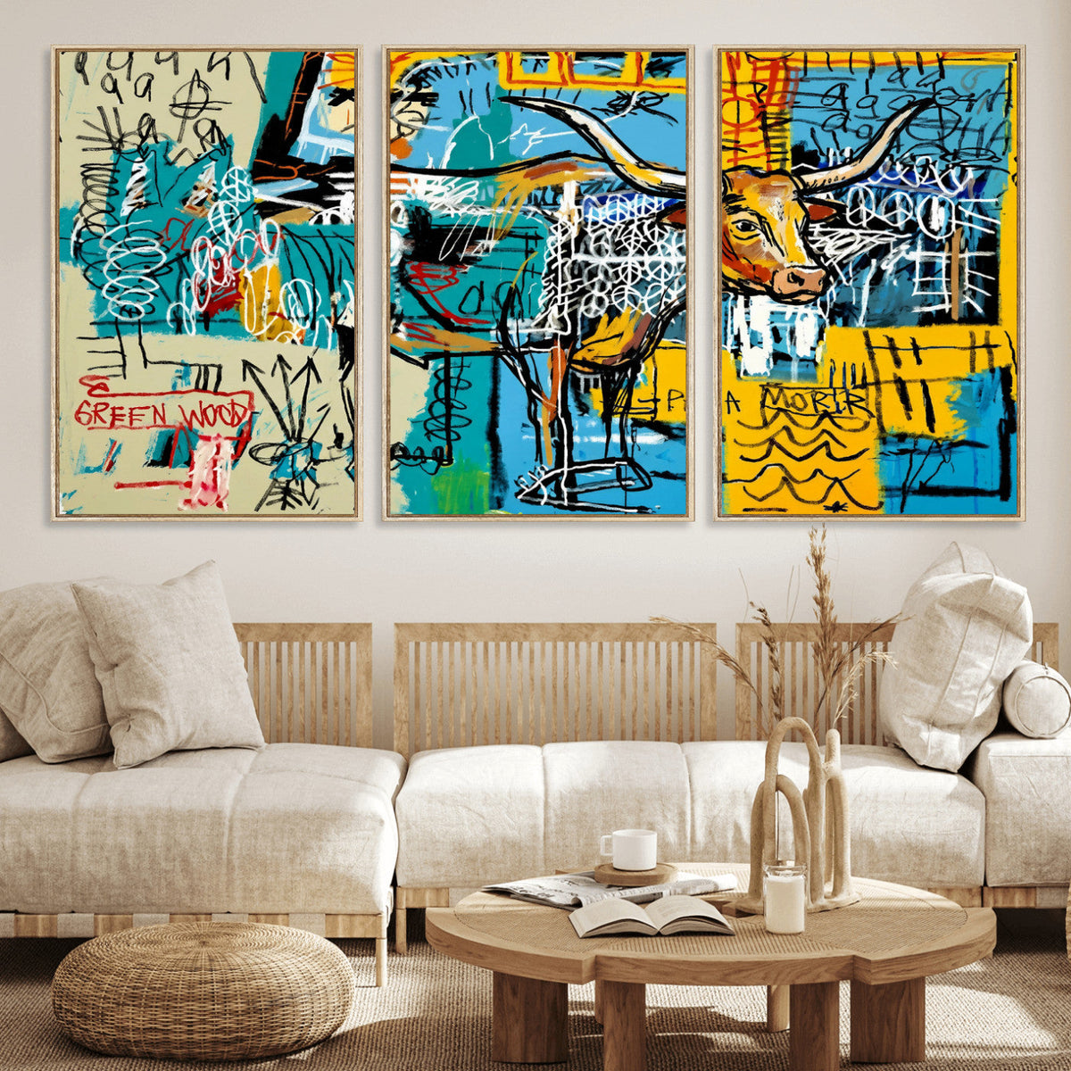Basquiat Style Bird Bull Graffiti Wall Art Canvas Print,