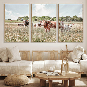 Texas Longhorn Cattle Wall Art Canvas Print, Rustic Ranch