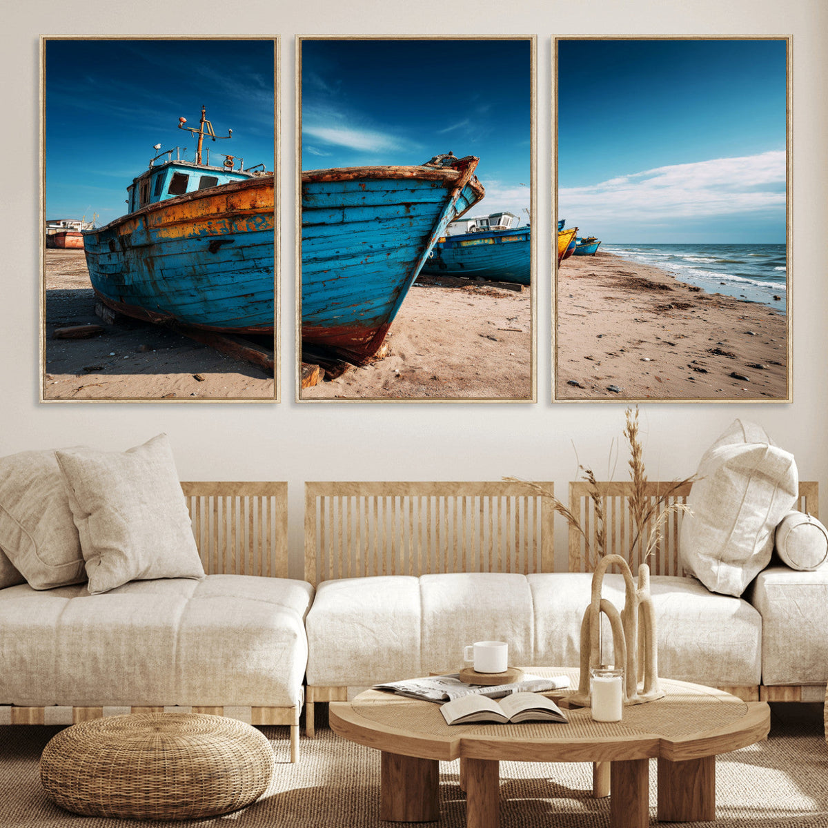 Coastal Fishing Boats Wall Art Canvas Print, Sunset Beach
