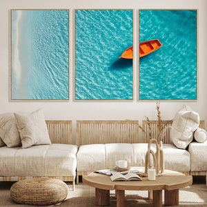 Minimalist Boat Wall Art Canvas Print, Aerial Sea Landscape