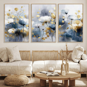 Large Abstract Flowers Wall Art Canvas Print – Gold and Blue