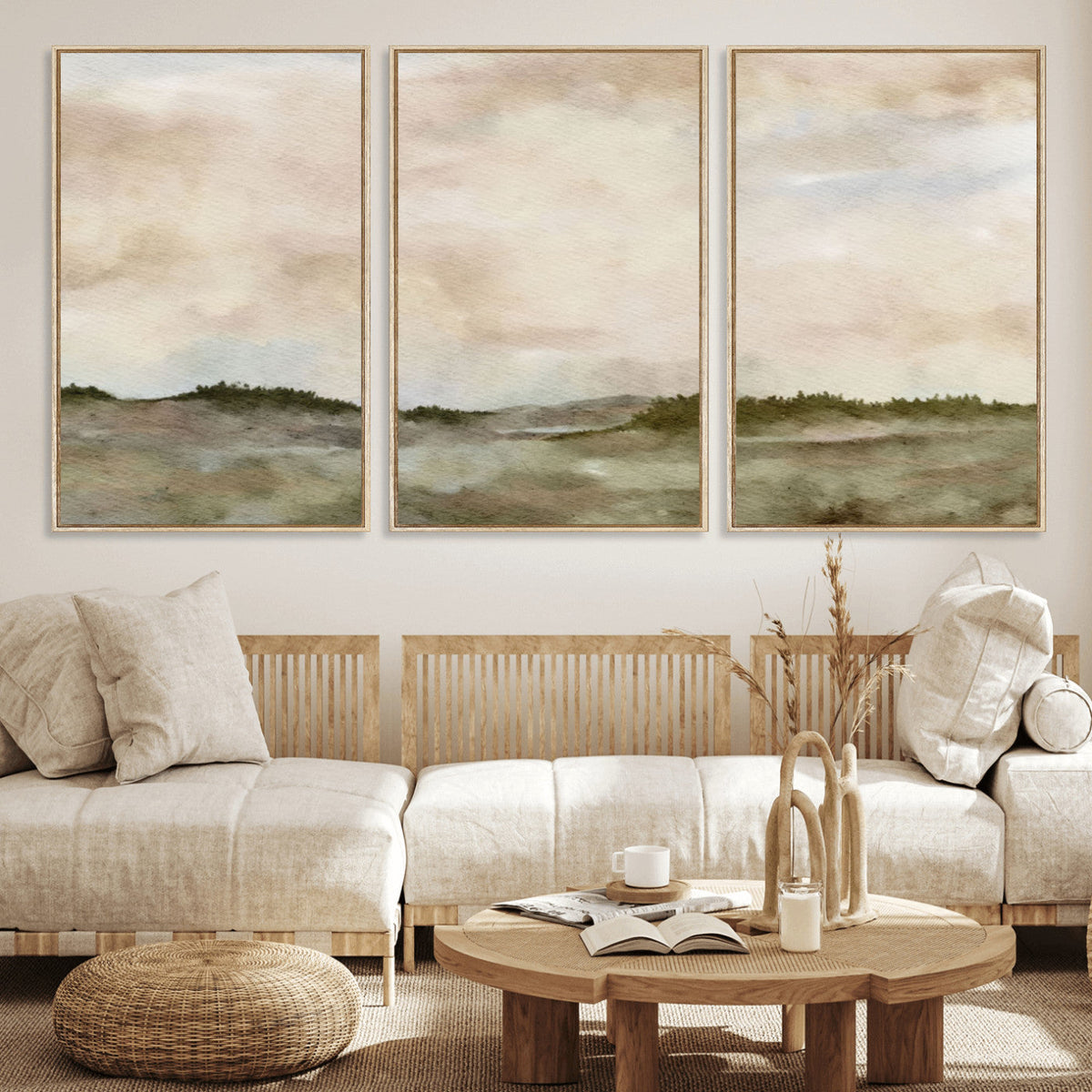 Muted Watercolor Hill Landscape Print — Beige Taupe Cloudy