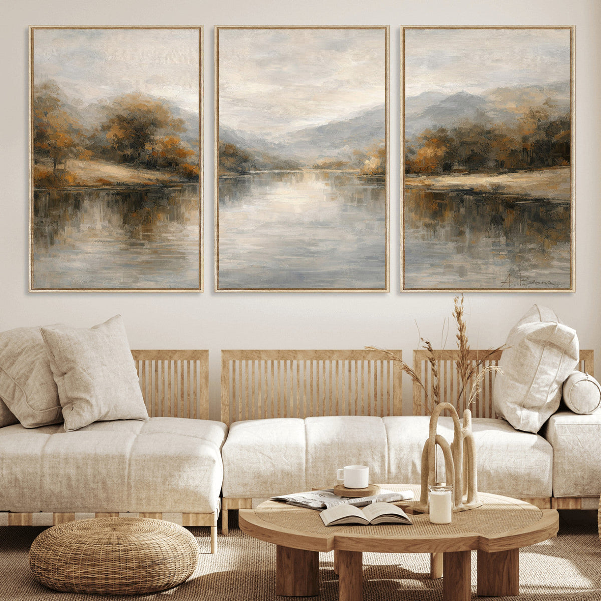 Neutral Abstract River Landscape Wall Art Canvas Print