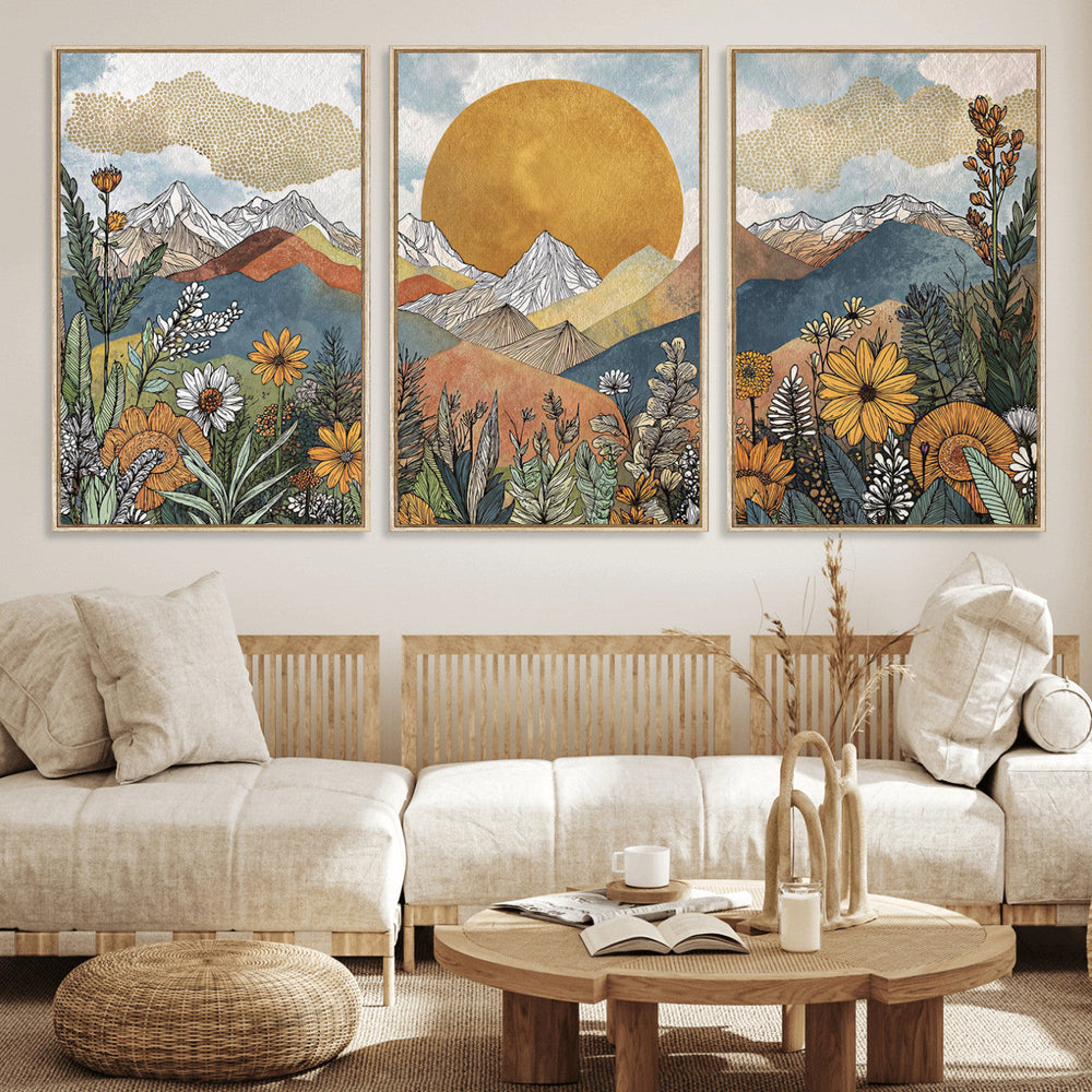 Boho Mountain Landscape Large Wall Art, Horizontal Gold