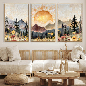 Boho Mountain Landscape Large Wall Art, Horizontal Gold