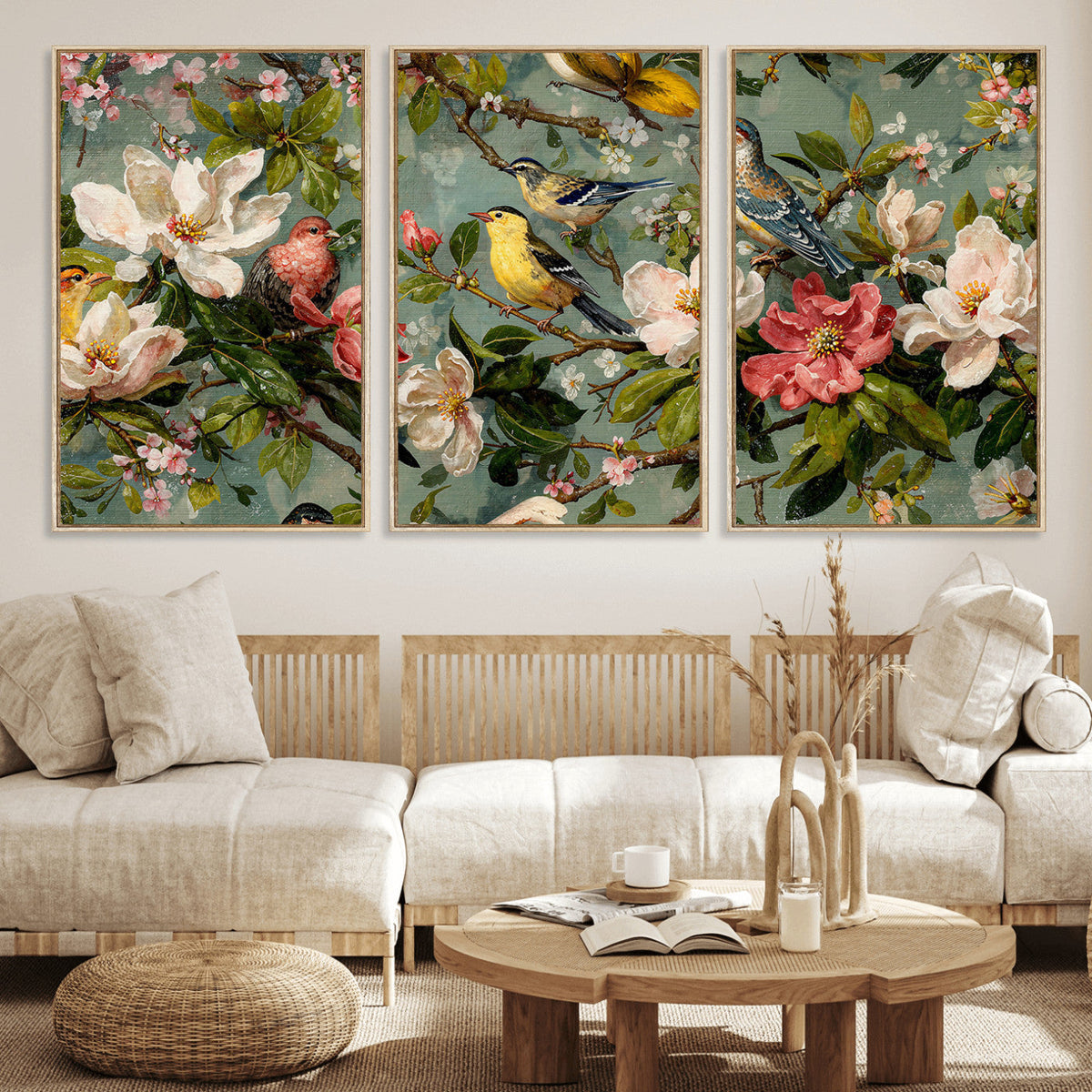 Vintage Birds and Flowers Wide Wall Art: Extra Large