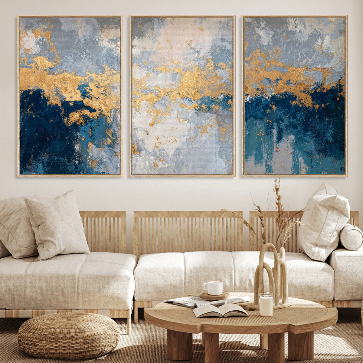 Blue Gold Abstract Large Framed Canvas Wall Art, Modern