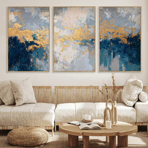 Blue Gold Abstract Large Framed Canvas Wall Art, Modern