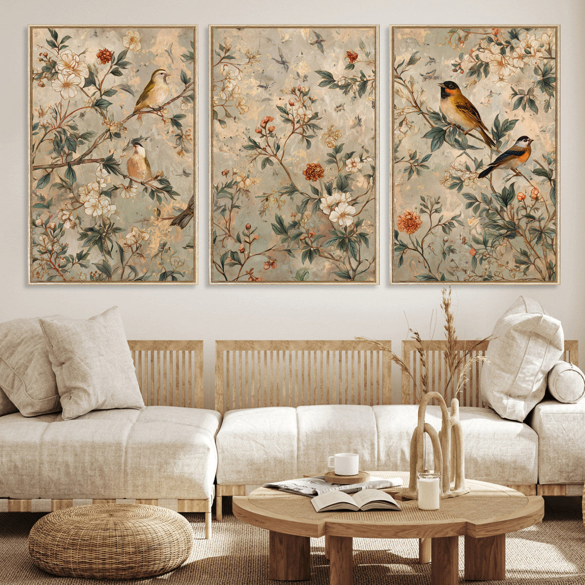 Vintage Birds and Flowers Wall Art Canvas Print, Botanical