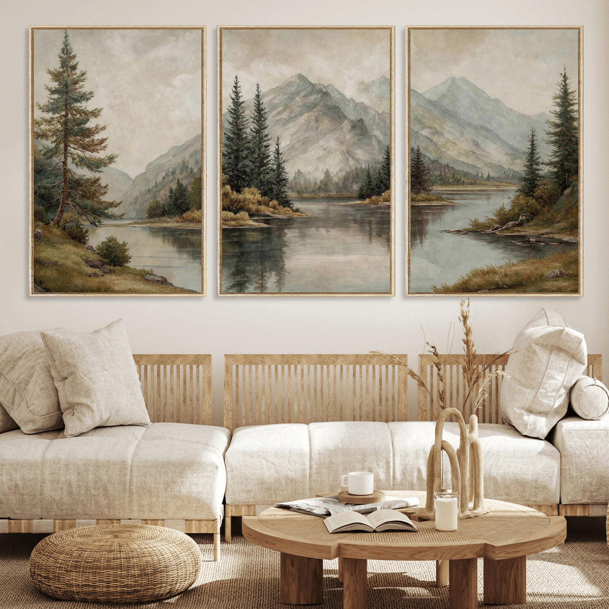 Vintage Mountain Landscape Wall Art Canvas Print Set, Rustic
