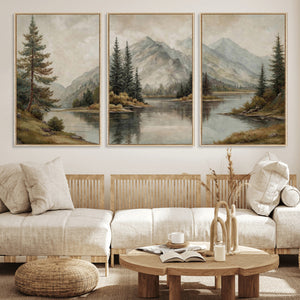 Vintage Mountain Landscape Wall Art Canvas Print Set, Rustic