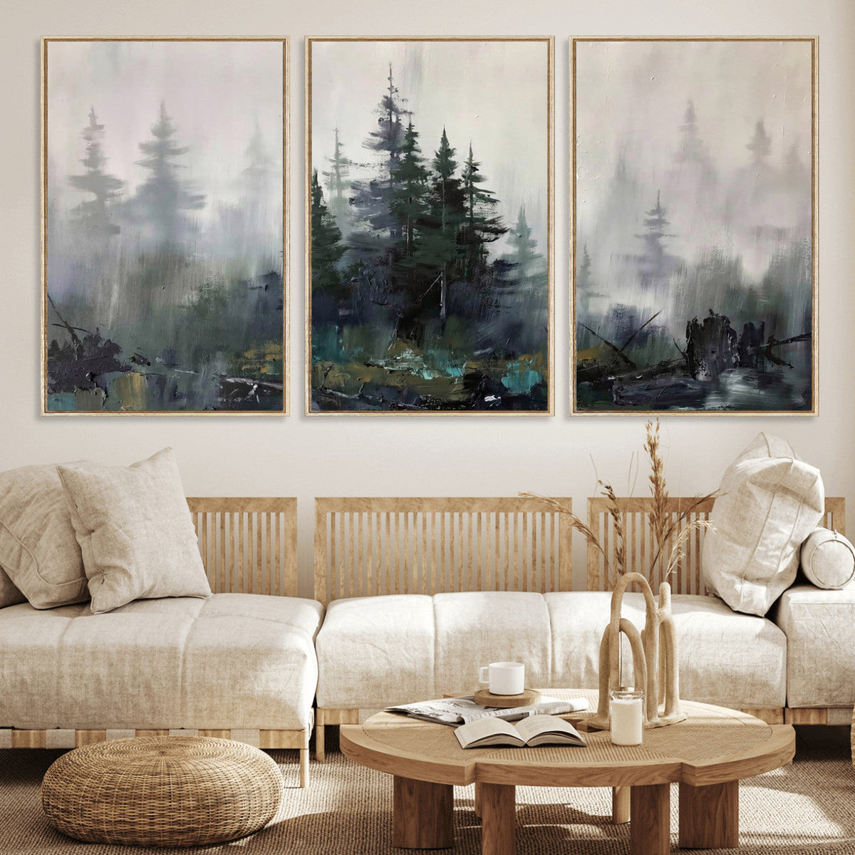 Misty Pine Forest Oil Painting Canvas — Dark Moody Teal Grey