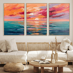 Bold Palette Knife Ocean Sunset Canvas — Orange Pink Teal