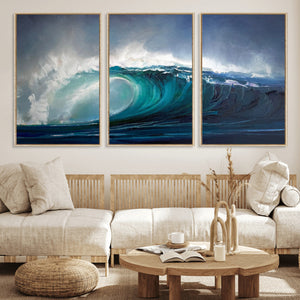 Ocean Wave Canvas Wall Art, Dramatic Teal Blue Seascape Oil