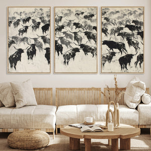 Longhorn Cattle Canvas Wall Art, Black White Stampede Ink