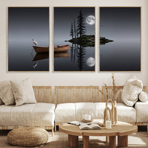 Moonlit Lake Canvas Wall Art, Dreamy Boat Heron Full Moon