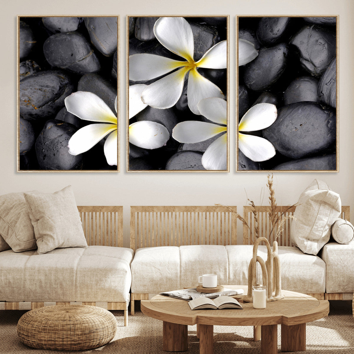 Plumeria Frangipani Black Stone Canvas | White Flower Spa