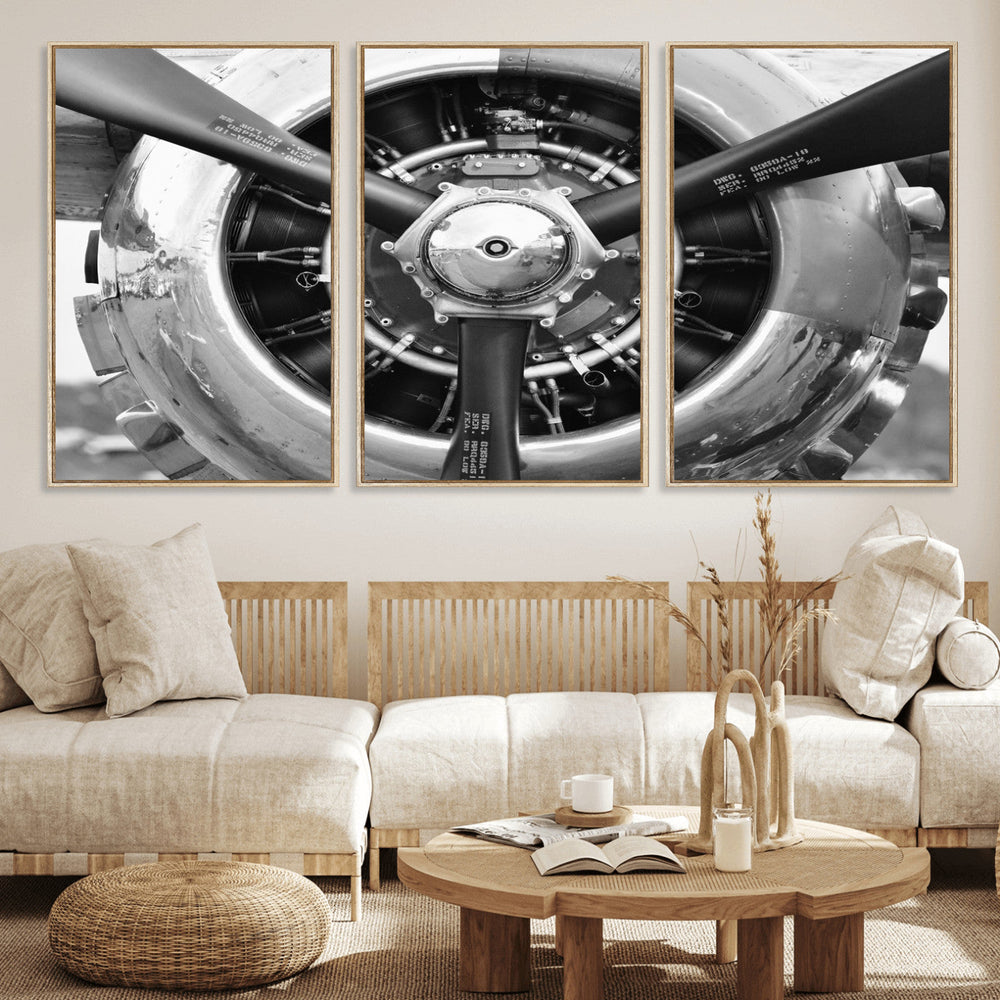 Vintage Propeller Plane Wall Art Canvas Print, Black and
