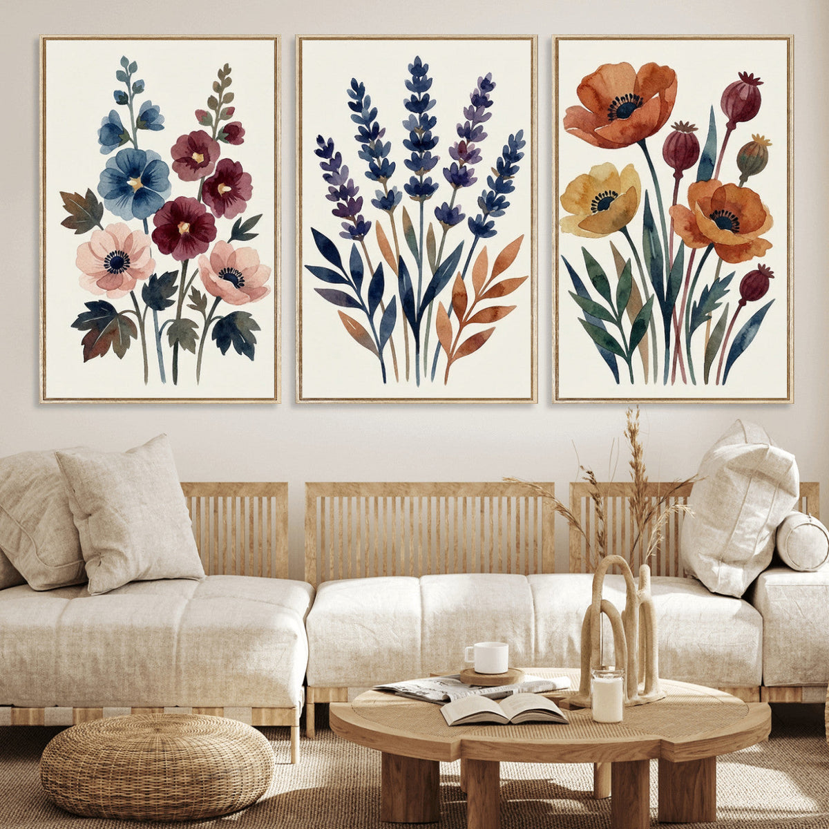 Watercolor Botanical Canvas Wall Art Set, Navy Terracotta