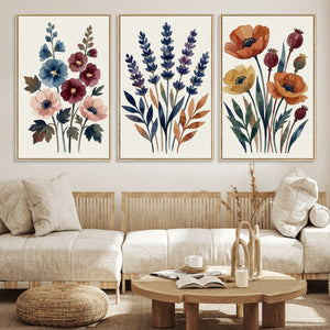 Watercolor Botanical Canvas Wall Art Set, Navy Terracotta