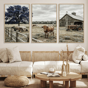 Texas Longhorn Canvas Wall Art, Rustic Farm Barn Bluebonnet