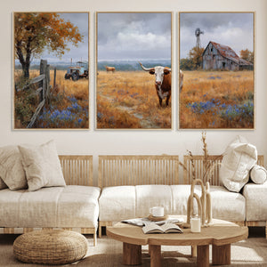 Texas Longhorn Canvas Wall Art, Rustic Farm Barn Bluebonnet
