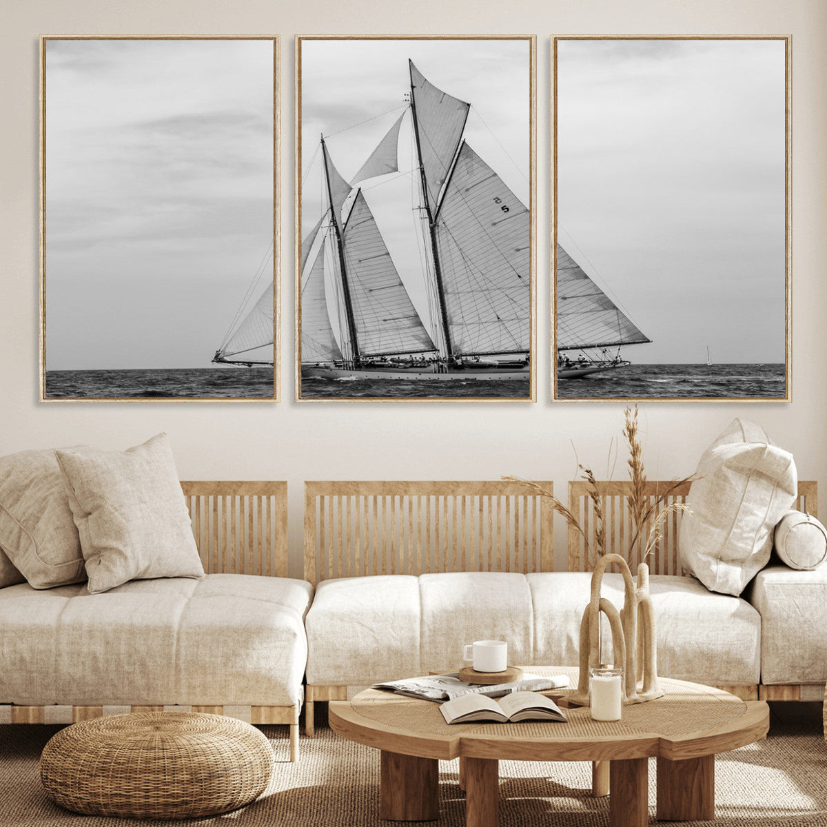 Vintage Sailboat Wall Art Canvas Print, Black and White