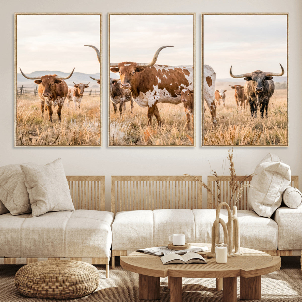 Texas Longhorn Canvas Wall Art, Rustic Farm Animal Photography Print, Farmhouse Country Decor, Western Ranch Art