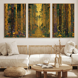 Gustav Klimt Style Forest Canvas Wall Art, Golden Forest Path Floral Art Nouveau Print, Enchanted Woodland Decor