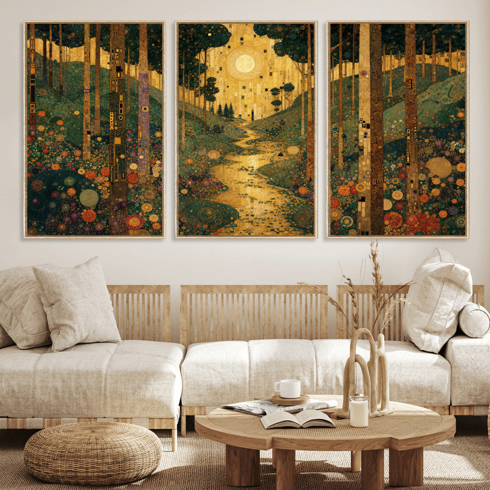 Gustav Klimt Style Forest Canvas Wall Art, Golden Forest Path Floral Art Nouveau Print, Enchanted Woodland Decor
