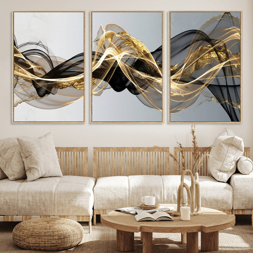 Black and Gold Abstract Wall Art, Modern Wave Canvas Print, Elegant Flowing Smoke Art, Luxury Living Room Decor