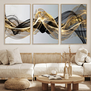 Black and Gold Abstract Wall Art, Modern Wave Canvas Print, Elegant Flowing Smoke Art, Luxury Living Room Decor