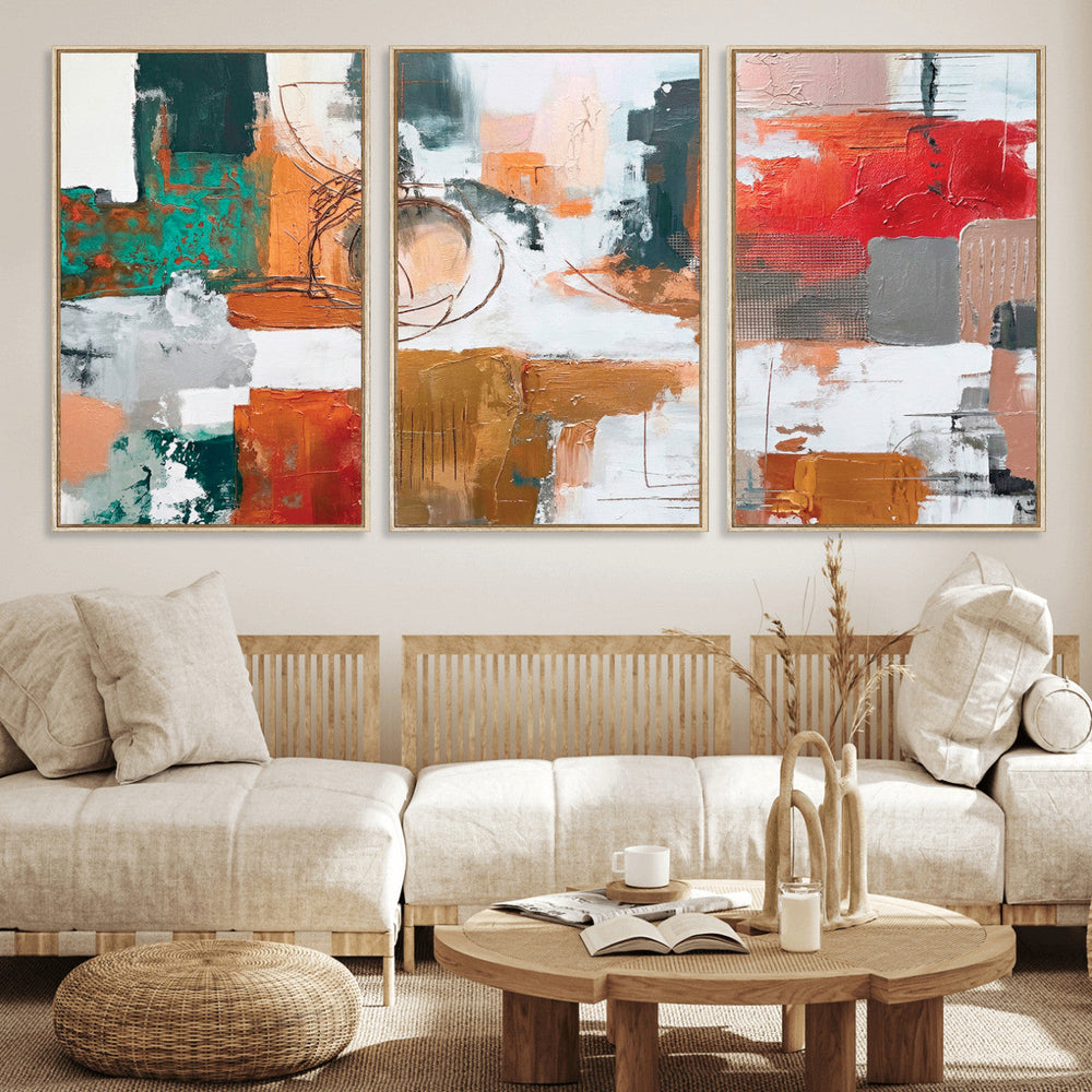 Blue Teal Abstract Canvas Wall Art, Modern Textured Painting Print, Navy Orange White Contemporary Art, Neutral Living Room Decor, Office Art