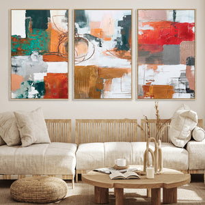 Blue Teal Abstract Canvas Wall Art, Modern Textured Painting Print, Navy Orange White Contemporary Art, Neutral Living Room Decor, Office Art