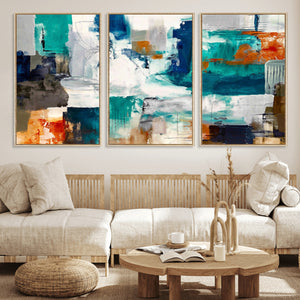 Blue Teal Abstract Canvas Wall Art, Modern Textured Painting Print, Navy Orange White Contemporary Art, Neutral Living Room Decor, Office Art