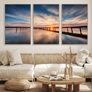 Wooden Pier on Seascape and Sunset Wall Art Canvas Print