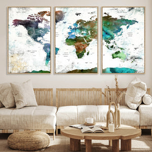 Modern Watercolor World Map Canvas Wall Art – Framed