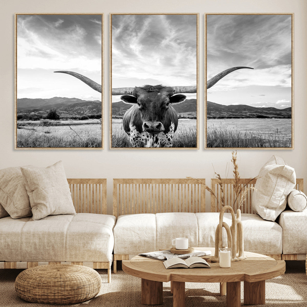 Longhorn Black and White Wall Art – Rustic Western Bull