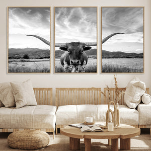 Longhorn Black and White Wall Art – Rustic Western Bull